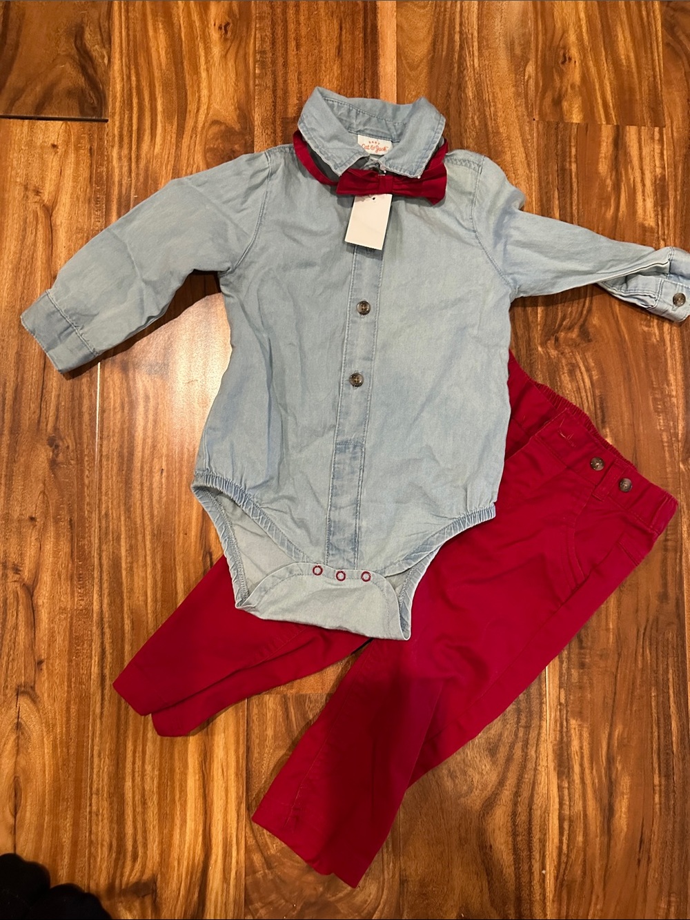 Light Wash Denim Bodysuit with Red Bow Tie & Red Pants, 12M